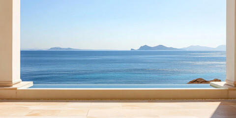 Fototapeta premium Tranquil coastal view from a modern building overlooking calm blue waters at sunset