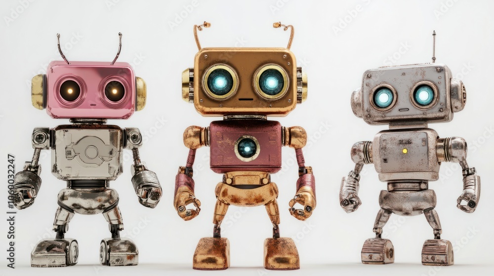 Poster friendly ai robots in different styles and metallic finishes, each isolated on a white background
