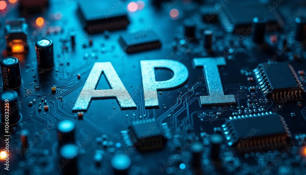 Poster detailed closeup showcasing a circuit board with visible api surrounded by electronic components and