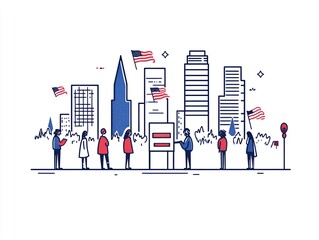 Illustration of Voters Lining Up at Polling Booth in Urban Cityscape