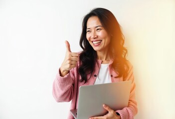 Middle-aged Asian Woman Smiling with Laptop in Pink Cardigan Giving Thumbs Up on White Background