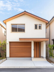Modern two-story house with wooden accents and a garage in a residential neighborhood during daytime