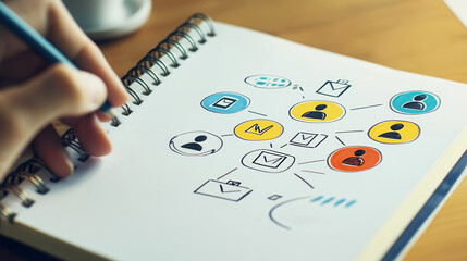 A person sketches a colorful diagram in a notebook, illustrating connections and communication among different individuals and ideas.