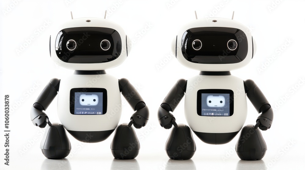 Poster friendly-looking ai robots with display screens and sleek bodies on a white background