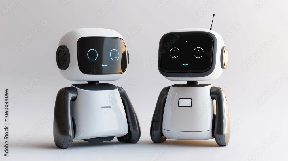Poster friendly-looking ai robots with display screens and sleek bodies on a white background