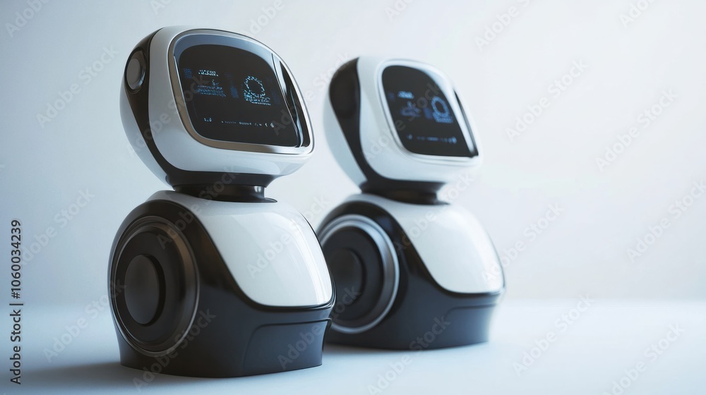 Poster friendly-looking ai robots with display screens and sleek bodies on a white background