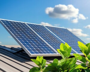 Solar panel installation on a roof, harnessing renewable energy under a bright sky, surrounded by lush green leaves.