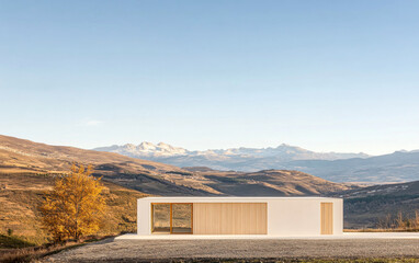 Modern minimalist house with stunning mountain views in a serene landscape during daylight