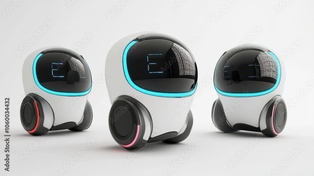 Poster friendly-looking ai robots with display screens and sleek bodies on a white background