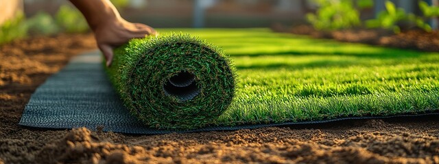 Workers carefully installing artificial grass on an outdoor surface. Courtyard, landscape design, outdoor, wear-resistant, environmental protection,roof garden,eesidential, commercial outdoor