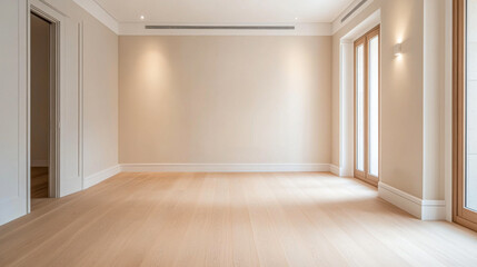 Fototapeta premium Empty modern living space with natural light from large windows in a newly built home