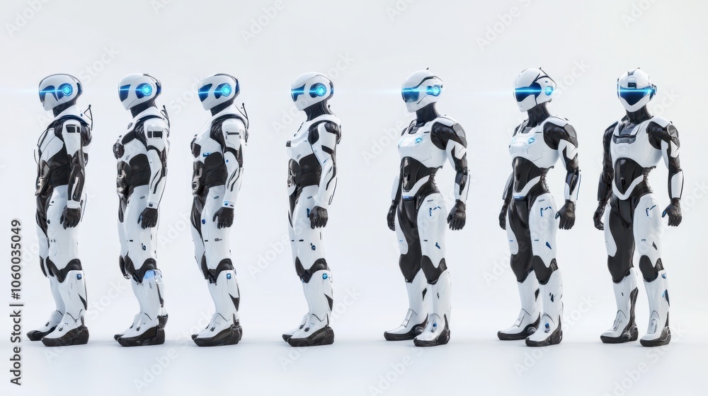 Poster futuristic ai robots in a collection with led displays and humanoid features on white background