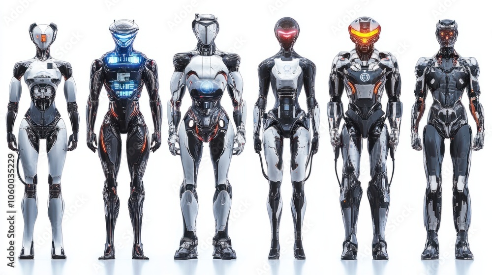 Poster futuristic ai robots in a collection with led displays and humanoid features on white background