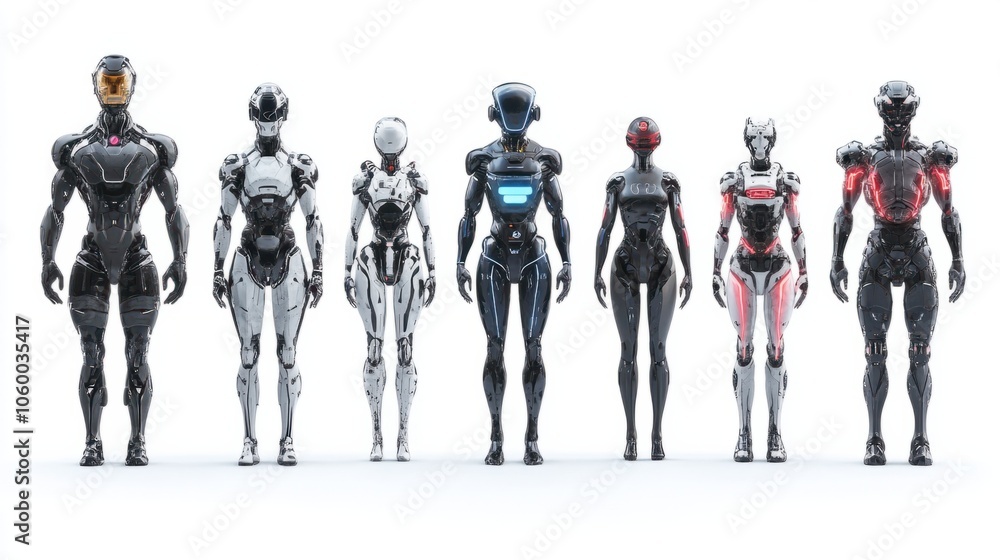 Poster futuristic ai robots in a collection with led displays and humanoid features on white background