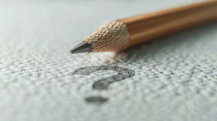 Close-up of a pencil on a blank white paper with a question mark drawn on it, demonstrating the concept of exploration and communication in a clean and minimalistic setting.