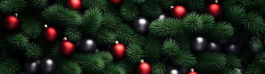Fototapeta premium Fir branches and red balls and baubles green needle abstract background Christmas texture. Horizontal composition.