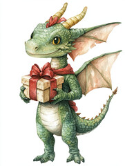 Fototapeta premium Adorable dragon in green elf outfit holding gift with joy