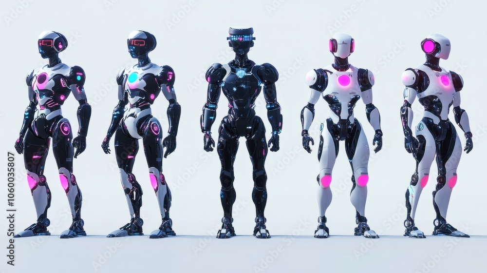 Poster futuristic ai robots in a collection with led displays and humanoid features on white background