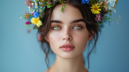Naklejka premium Close-up of a gorgeous woman with a vibrant, romantic flower crown capturing her youthful radiance and elegance against a light blue background.