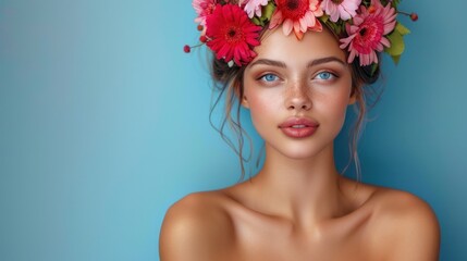 Young attractive female model with a bright flower crown showing stylish makeup and fresh look captured against a light blue background.