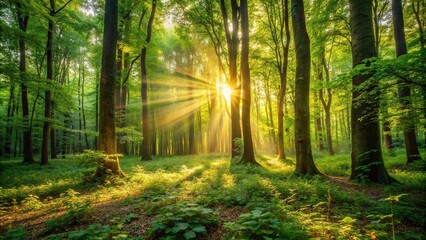 Naklejka premium Dense foliage with sunlight filtering through trees creating a warm glow on the forest floor, tree canopy, ferns, leaves
