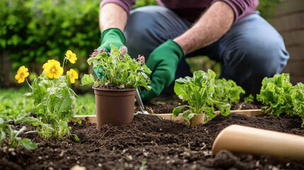 Fototapeta premium A person plants flowers and vegetables in a garden bed, showcasing gardening skills and a love for nature.