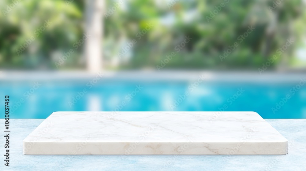 Poster white marble top with blurred empty swimming pool background can be used for mocking up or display p