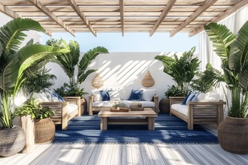 Fototapeta premium Stylish outdoor living space with wooden furniture, vibrant plants, and a cozy atmosphere, perfect for relaxation and entertaining guests.