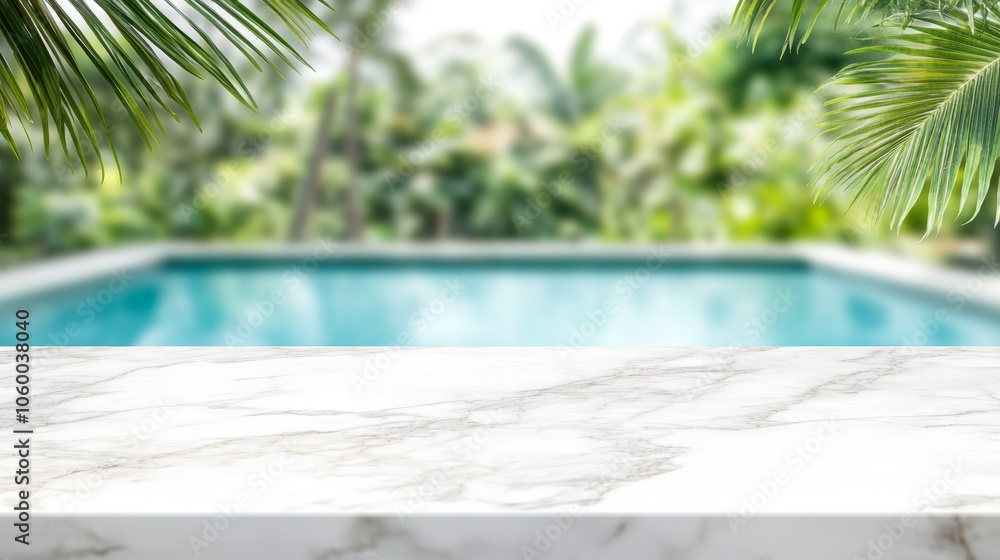 Poster white marble top with blurred empty swimming pool background can be used for mocking up or display p