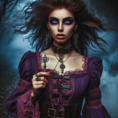 Fantasy horror woman witch medieval old purple outfit clothes dress with key. Gothic magic Evil makeup face Art scary Magician spell smoke hands, night forest road