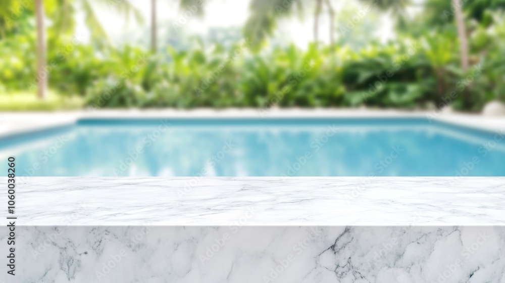 Poster white marble top with blurred empty swimming pool background can be used for mocking up or display p