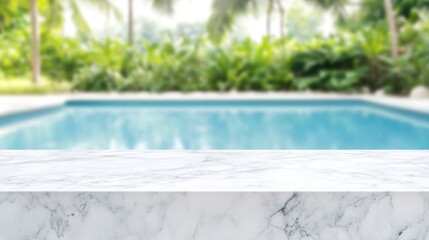 Fototapeta premium white marble top with blurred empty Swimming pool background can be used for mocking up or display product to make advertising