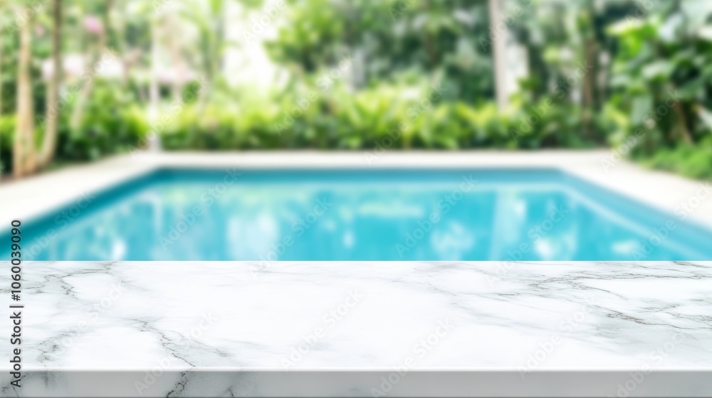 Aufkleber white marble top with blurred empty swimming pool background can be used for mocking up or display p