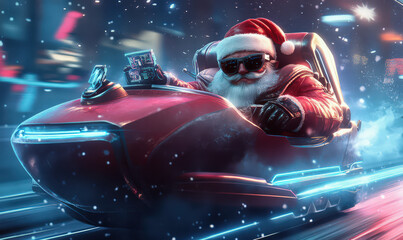 Santa Claus in sunglasses driving futuristic sleigh through snowy city