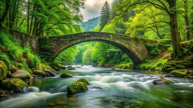 Green forest with a large stone bridge crossing over a fast-flowing river, waterfalls, riverside
