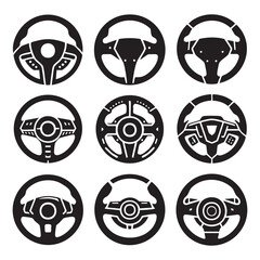 Set of car steering wheel silhouette on white background
