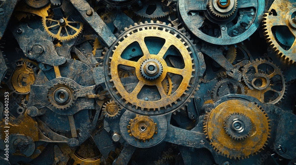 Poster a close-up of intricate, rusted gears and cogs, showcasing mechanical complexity.