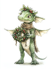 Obraz premium Little dragon dressed as elf, holding festive wreath with joy