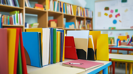 A classroom bookshelf filled with neatly organized textbooks and educational resources, Photorealistic