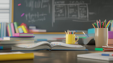 A teachers desk cluttered with lesson plans, textbooks, and a coffee mug, with a chalkboard in the background, Photorealistic
