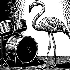 Flamingo Rhythm: A striking woodblock print of a flamingo standing beside a drum kit.  A unique blend of nature and music, perfect for album art, posters, or design projects. 