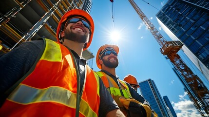 Happy diverse group of construction workers at building site, city landscape skyscrapers background. Confident mechanical engineering or architect team working together, modern 3d digital art banner.