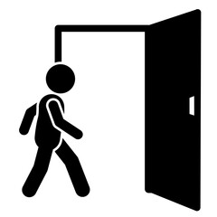 illustration of a stick figure icon entering and opening the door