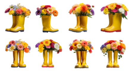 Colorful flowers in vibrant yellow rain boots on a white isolated background.
