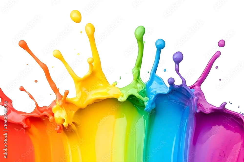 Poster rainbow-colored paint splashes leaping upwards in vibrant arcs, creating a dynamic and energetic abs
