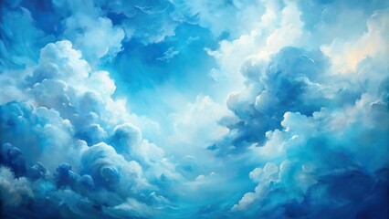 Close-Up abstract painting of blue background with sky filled white clouds