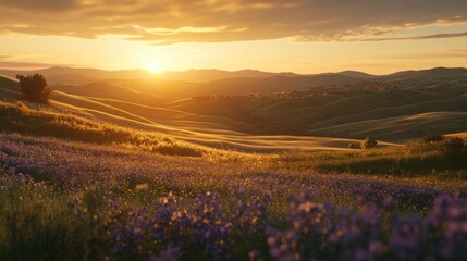 Obraz premium A vibrant sunset casts a golden glow over rolling hills and a field of purple wildflowers.