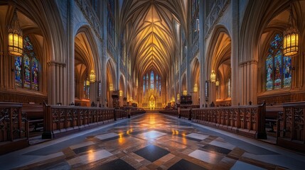 Obraz premium A view down the nave of a grand cathedral with light streaming through the stained glass windows, highlighting the ornate vaulted ceiling and polished marble floor.