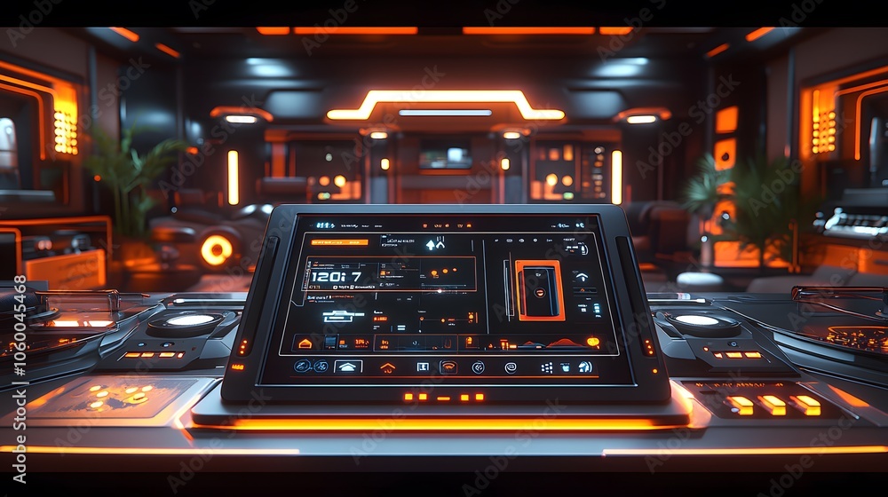 Poster futuristic control room with glowing interfaces and sleek design for advanced technology.