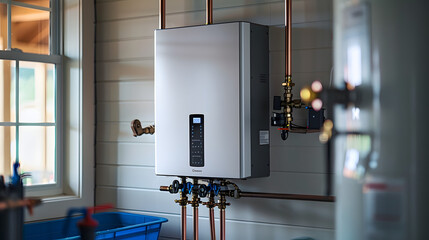 modern tankless water heater installed in a basement, the unit is connected to copper pipes and is mounted on a wall in a clean, organized utility room. Tsleek design and functionality